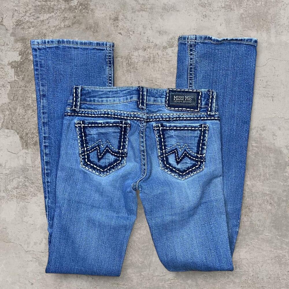 Y2K Miss Me blue skinny bootcut jeans with white stitching Size 28"
